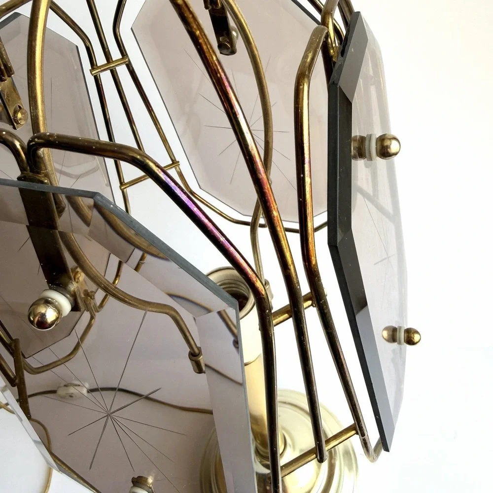 Mcm Starburst Etched Smoky Glass Panel Brass Frame Table Top Accent Lamp VTG